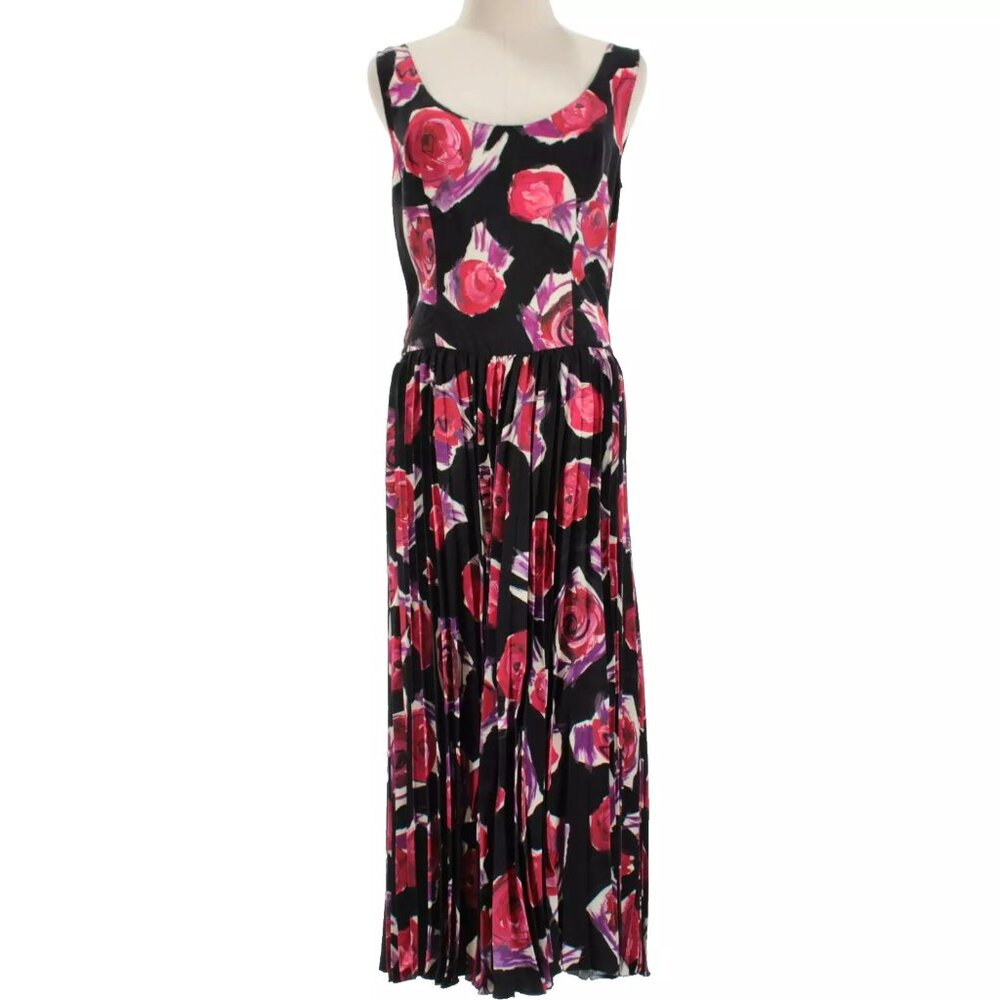 Marni Women's Black Floral-Print Pleated Raw-Edge Midi Dress